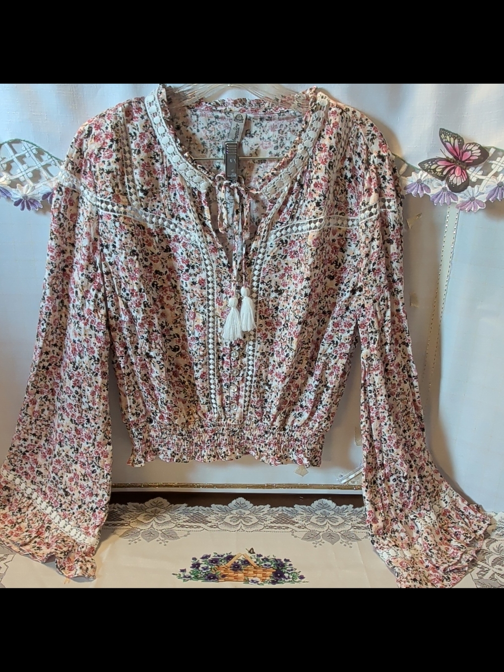 American Rag Pink Floral Tie-Front Peasant Blouse